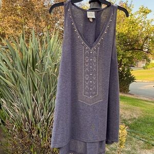 KNOX ROSE Gray SLEEVELESS TUNIC TANK TOP HI LOW w/ GOLD Embellishment Sz…